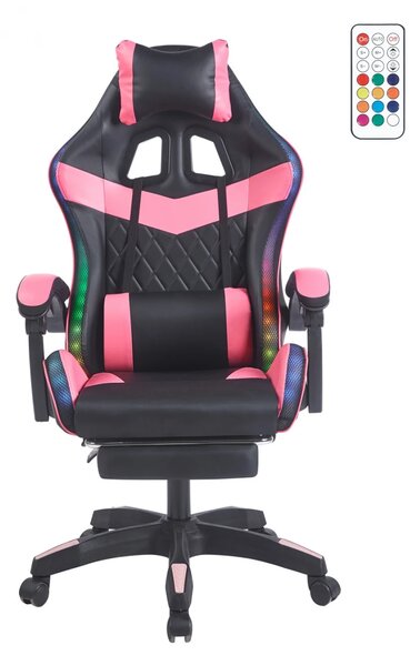 Scaun gaming, sistem iluminare bandă LED RGB, masaj în perna lombară, suport picioare, Negru/Roz