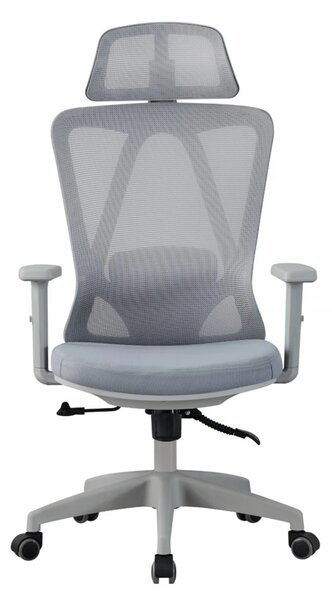 Scaun ergonomic, suport lombar reglabil, tetiera reglabila, cotiera 2D, reglare pe inaltime, mecanism inclinare/blocare in 3 pozitii, pivotant, Mesh, Gri
