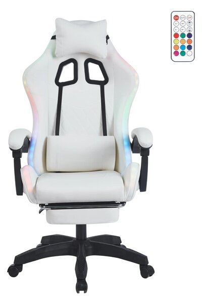 Scaun gaming, sistem iluminare bandă LED RGB, masaj în perna lombară, suport picioare, Alb
