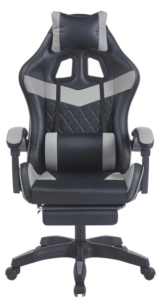 Scaun gaming, sistem iluminare bandă LED RGB, masaj în perna lombară, suport picioare, Negru/Gri