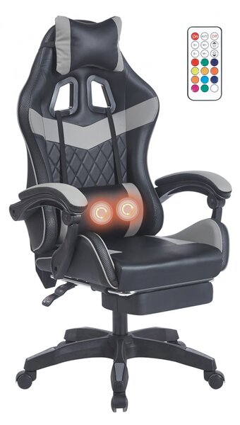 Scaun gaming, sistem iluminare bandă LED RGB, masaj în perna lombară, suport picioare, Negru/Gri