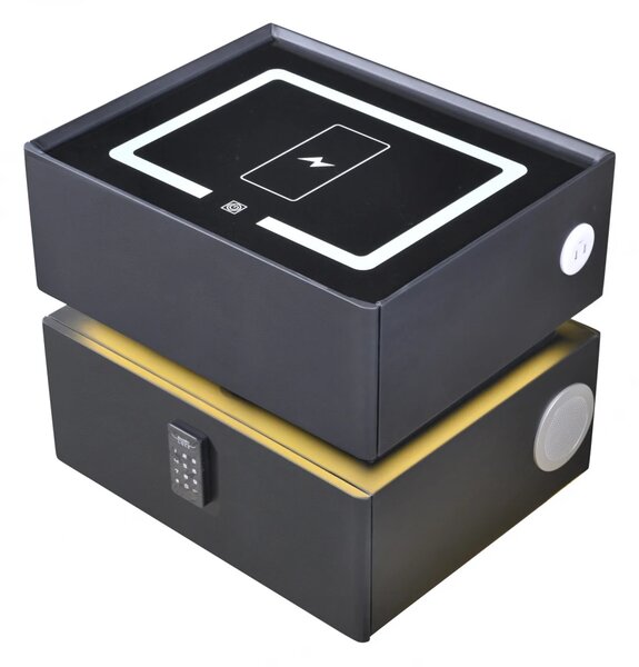 Noptieră inteligentă multifuncțională, sertar tip seif cu parolă, încărcare Wireless, difuzor Bluetooth, iluminare LED touch în 3 culori, Negru