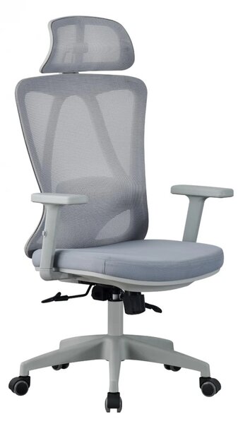 Scaun ergonomic, suport lombar reglabil, tetiera reglabila, cotiera 2D, reglare pe inaltime, mecanism inclinare/blocare in 3 pozitii, pivotant, Mesh, Gri