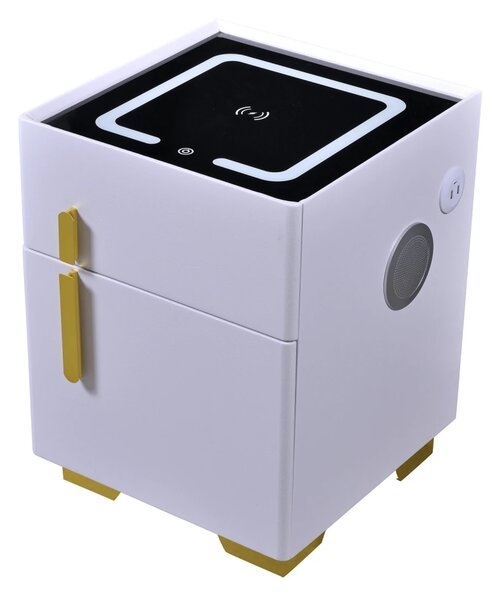 Noptiera inteligenta multifunctionala, iluminare LED tactil cu 3 culori, incarcare wireless si USB, difuzor Bluetooth, 2 sertare, Alb