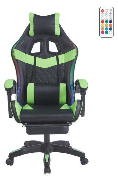 Scaun gaming, sistem iluminare bandă LED RGB, masaj în perna lombară, suport picioare, Negru/Verde