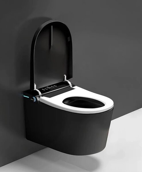 Vas toaletă inteligentă cu Bideu, Afișaj LED, Telecomandă, Sterilizare UV, Deschidere/Închidere automată, funcționare senzor picior, Control inteligent al Temperaturii, Uscare aer cald, Iluminare de noapte, Suspendat, Ceramică, Negru, 302