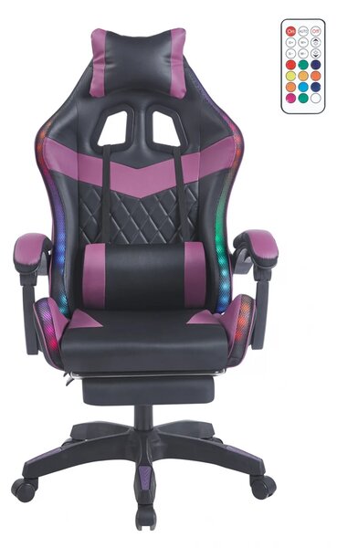 Scaun gaming, sistem iluminare bandă LED RGB, masaj în perna lombară, suport picioare, Negru/Mov