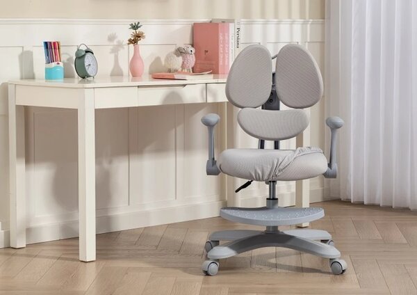 RIKKY Scaun ergonomic pentru copii, spatar si suport lombar reglabile, huse detasabile, suport picioare reglabil, rotativ, Gri
