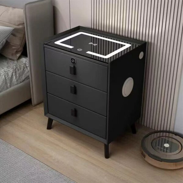 RESIGILAT- Noptieră inteligentă multifuncțională, 3 sertare, blocare cu amprentă, LED-uri tactile, 3 tipuri de culoare, încărcare fără fir, Difuzor Bluetooth, incarcare USB, sticla securizata, Negru