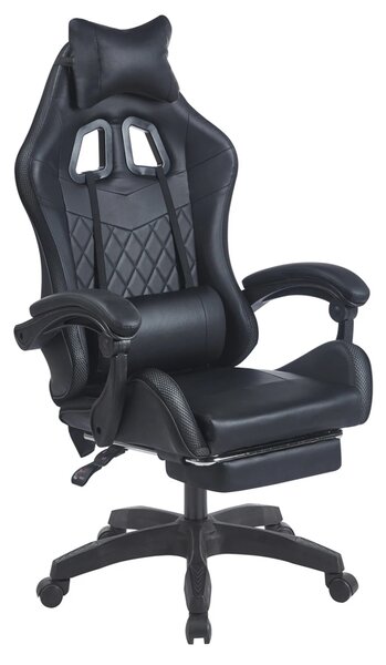 Scaun gaming, sistem iluminare bandă LED RGB, masaj în perna lombară, suport picioare, Negru