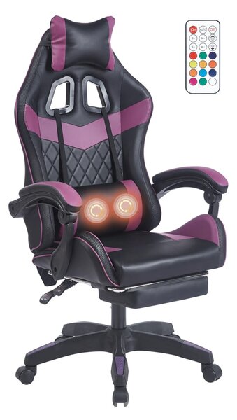 Scaun gaming, sistem iluminare bandă LED RGB, masaj în perna lombară, suport picioare, Negru/Mov