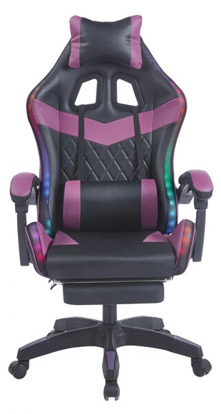 Scaun gaming, sistem iluminare bandă LED RGB, masaj în perna lombară, suport picioare, Negru/Mov