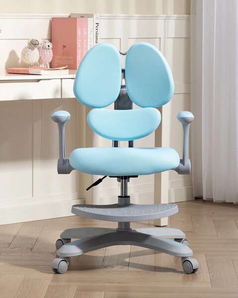 RIKKY Scaun ergonomic pentru copii, spatar si suport lombar reglabile, huse detasabile, suport picioare reglabil, rotativ, Albastru