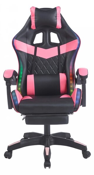 Scaun gaming, sistem iluminare bandă LED RGB, masaj în perna lombară, suport picioare, Negru/Roz