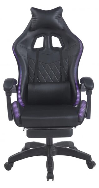 Scaun gaming, sistem iluminare bandă LED RGB, masaj în perna lombară, suport picioare, Negru