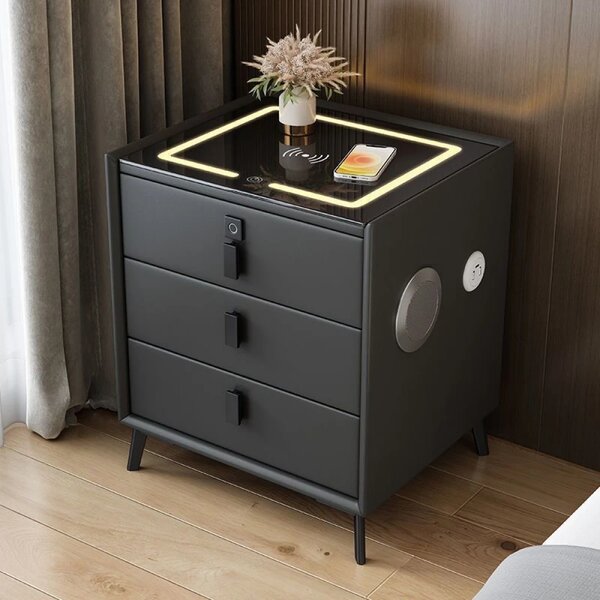 RESIGILAT- Noptieră inteligentă multifuncțională, 3 sertare, blocare cu amprentă, LED-uri tactile, 3 tipuri de culoare, încărcare fără fir, Difuzor Bluetooth, incarcare USB, sticla securizata, Negru
