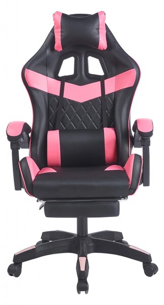 Scaun gaming, sistem iluminare bandă LED RGB, masaj în perna lombară, suport picioare, Negru/Roz