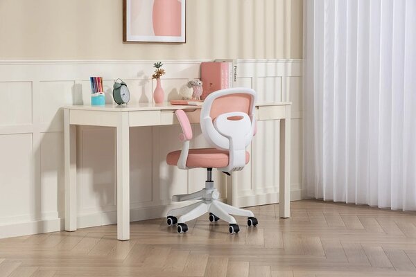 Scaun ergonomic pentru copii, suport lombar, suport picioare reglabil, rotativ, Roz