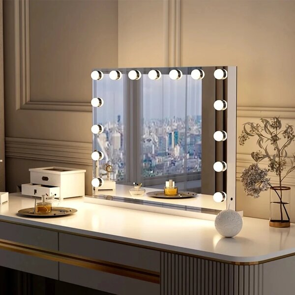 Oglindă cosmetică, iluminată, 15 becuri LED, conexiune Bluetooth, Difuzor, USB, Control Touch, Luminozitate Reglabilă, GLAM BLUETOOTH 58x46 cm