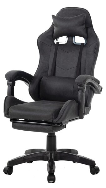 Scaun gaming, masaj în perna lombară, suport picioare, textil, Negru