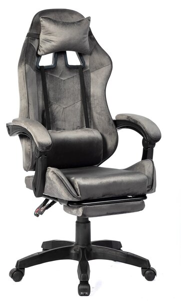 Scaun gaming, masaj în perna lombară, suport picioare, textil, Gri