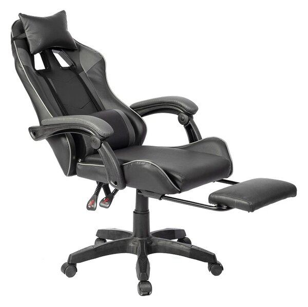 Scaun gaming, masaj în perna lombară, suport picioare, PU, Negru/Gri