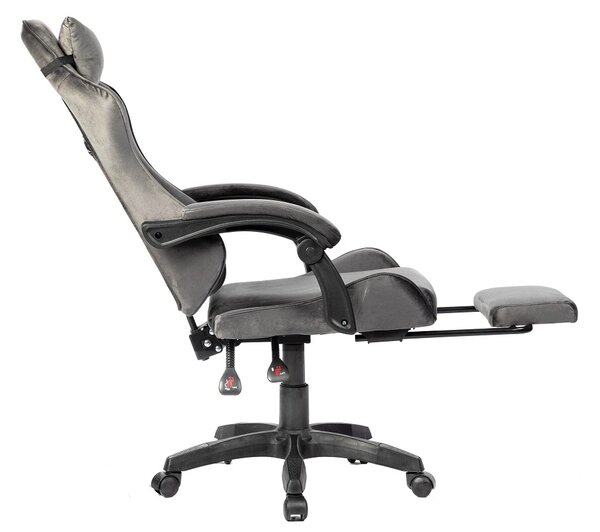 Scaun gaming, masaj în perna lombară, suport picioare, textil, Gri