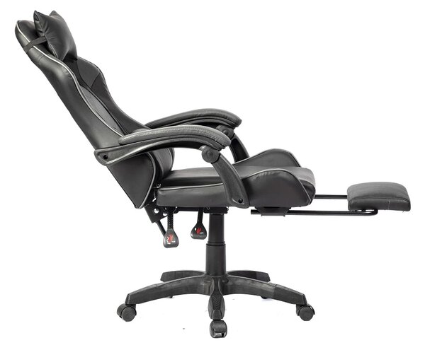 Scaun gaming, masaj în perna lombară, suport picioare, PU, Negru/Gri