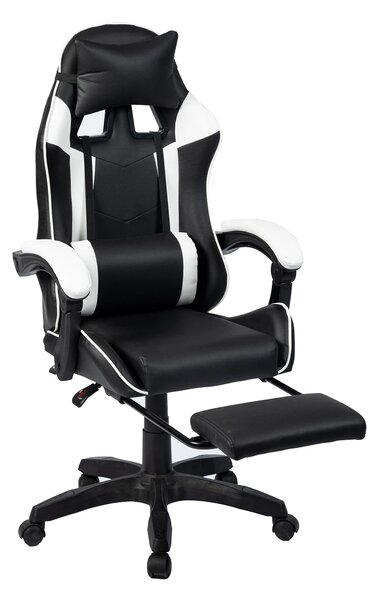 Scaun gaming, masaj în perna lombară, suport picioare, PU, Negru/Alb