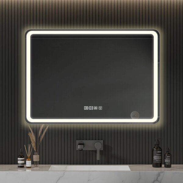 Oglindă baie, Multifuncțională, Iluminare LED Touch, Sistem Dezaburire, Ceas electronic încorporat, Indicator Temperatura, 100x70 cm