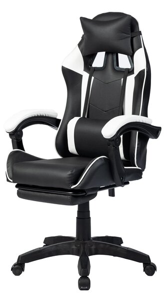 Scaun gaming, masaj în perna lombară, suport picioare, PU, Negru/Alb