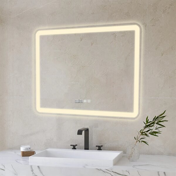 Oglindă baie, Multifuncțională, Iluminare LED Touch, Sistem Dezaburire, Ceas electronic încorporat, Indicator Temperatura, 100x70 cm