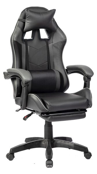 Scaun gaming, masaj în perna lombară, suport picioare, PU, Negru/Gri