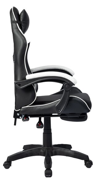 Scaun gaming, masaj în perna lombară, suport picioare, PU, Negru/Alb