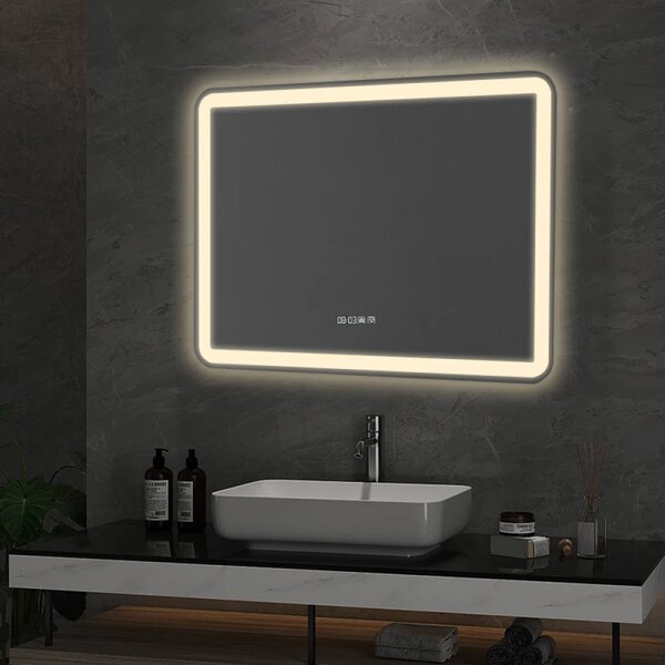 Oglindă baie, Multifuncțională, Iluminare LED Touch, Sistem Dezaburire, Ceas electronic încorporat, Indicator Temperatura, 70x50 cm