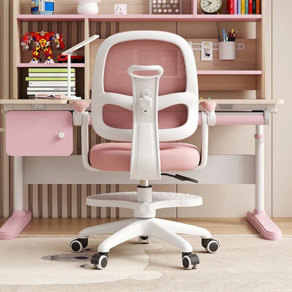 Scaun ergonomic pentru copii, spatar reglabil adancime, suport picioare reglabil, rotativ, Roz