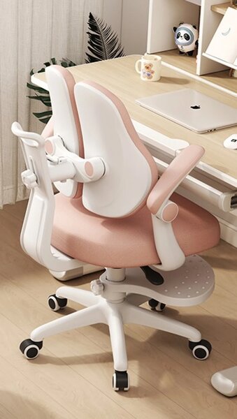 Scaun ergonomic pentru copii, spatar reglabil inaltime si adancime, suport picioare reglabil, rotativ, Roz