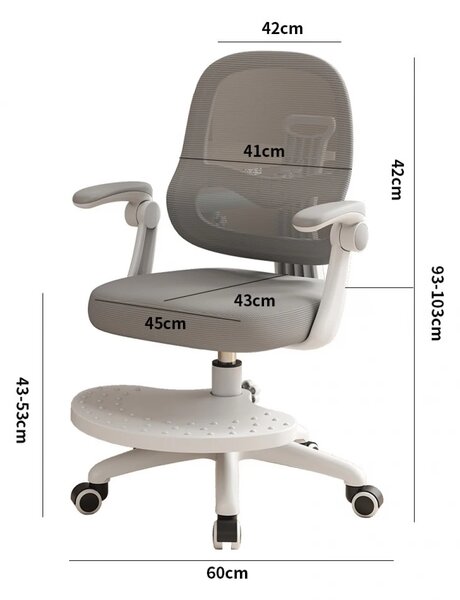 Scaun ergonomic pentru copii, spatar reglabil adancime, suport picioare reglabil, rotativ, Gri