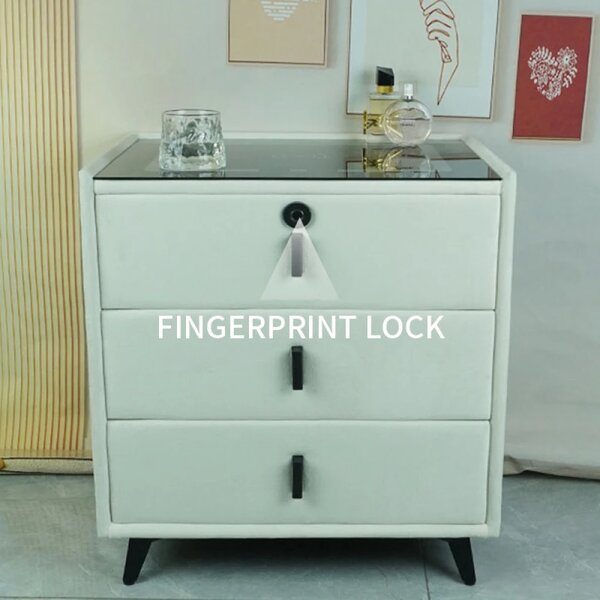 Noptieră inteligentă multifuncțională, 3 sertare, blocare cu amprentă, LED-uri tactile, 3 tipuri de culoare, încărcare fără fir, Difuzor Bluetooth, incarcare USB, sticla securizata, catifea, Bej