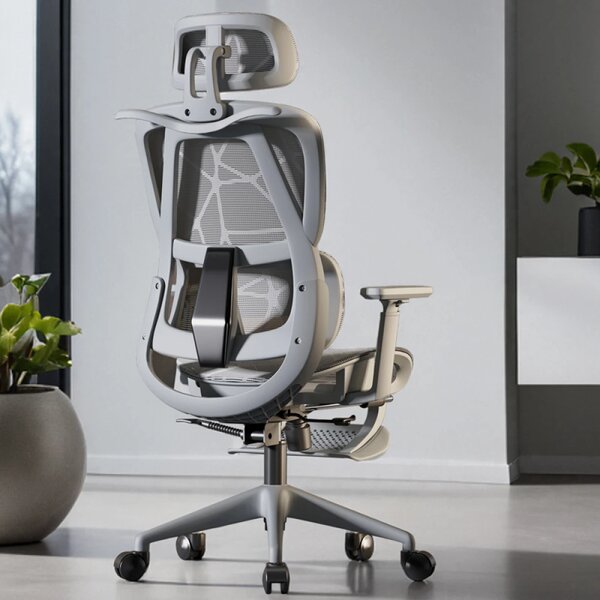Scaun ergonomic, functie translatie sezut, cotiere reglabile 3D, tetiera 3D, suport lombar reglabil, spătar reglabil inaltime, pivotant, suport picioare, Gri