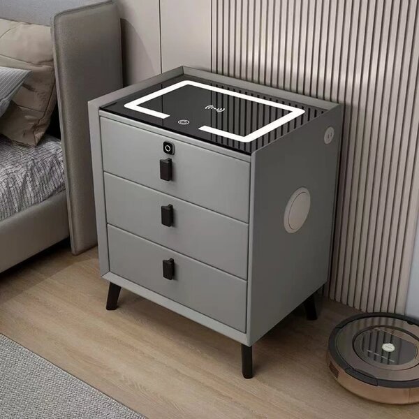 Noptieră inteligentă multifuncțională, 3 sertare, blocare cu amprentă, LED-uri tactile, 3 tipuri de culoare, încărcare fără fir, Difuzor Bluetooth, incarcare USB, sticla securizata, Gri