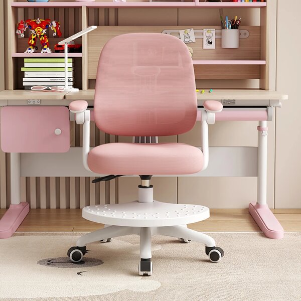 Scaun ergonomic pentru copii, spatar reglabil adancime, suport picioare reglabil, rotativ, Roz