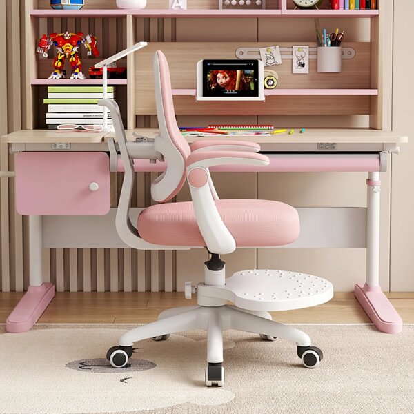 Scaun ergonomic pentru copii, spatar reglabil adancime, suport picioare reglabil, rotativ, Roz