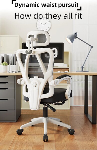 Scaun ergonomic cu suport lombar 4D, tetieră reglabilă 4D, pivotant 360°, suport pentru picioare, Mesh, Alb/Negru