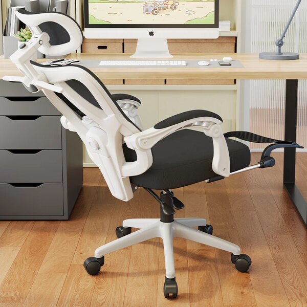 Scaun ergonomic cu suport lombar 4D, tetieră reglabilă 4D, pivotant 360°, suport pentru picioare, Mesh, Alb/Negru