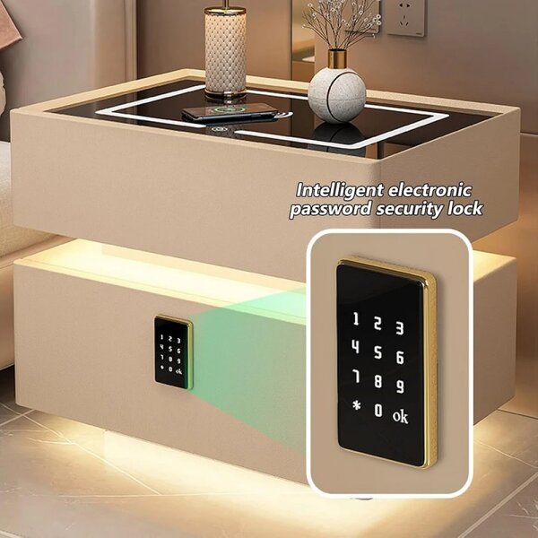 Noptieră inteligentă multifuncțională, sertar tip seif cu blocare cu parolă, încărcare Wireless, difuzor Bluetooth, iluminare LED touch în 3 culori, Negru