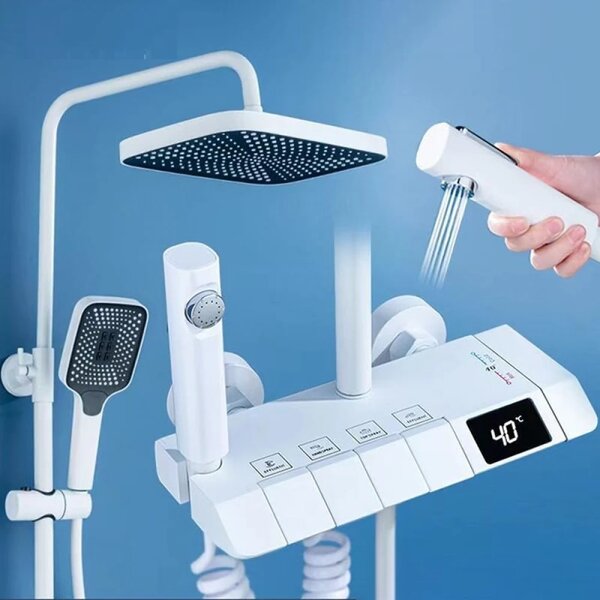 Coloană de duș, 4 funcții, efect ploaie, afișaj digital, Alb