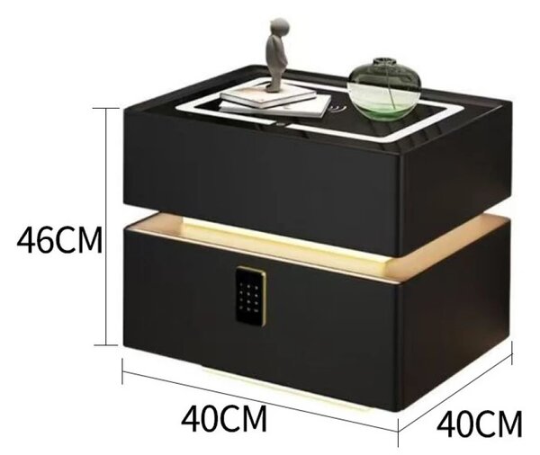 Noptieră inteligentă multifuncțională, sertar tip seif cu blocare cu parolă, încărcare Wireless, difuzor Bluetooth, iluminare LED touch în 3 culori, Negru