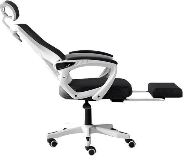 Scaun ergonomic cu suport lombar, pivotant 360°, tetieră reglabilă, suport pentru picioare, Mesh, Alb/Negru