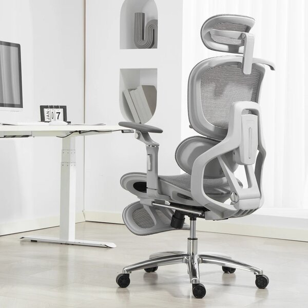 VIGOCHAIR ULTRA PRO Scaun ergonomic, spatar reglare verticala, suport lombar cu masaj si incalzire, sezut translatie, cotiere 6D, suport picioare, Full Mesh, Gri